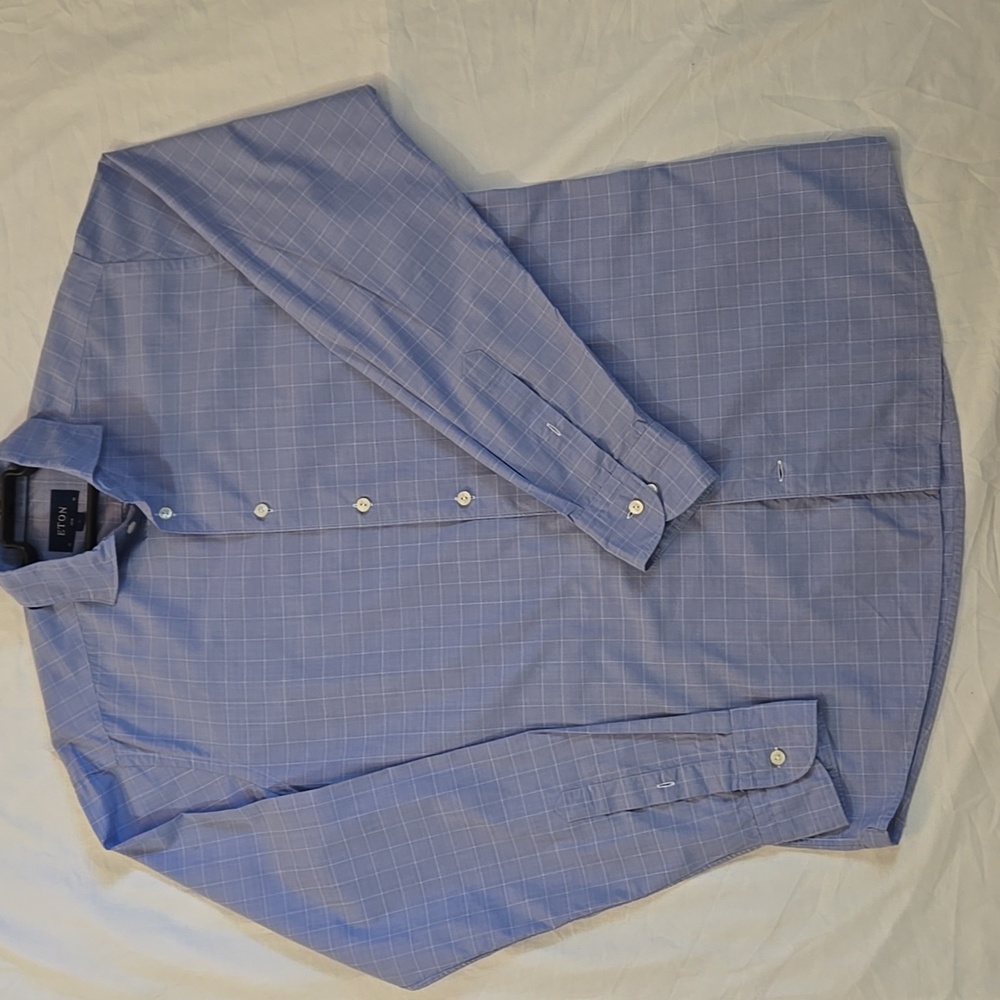 Eton Slim Fit Dress Shirt Men’s 16 / 41 Light Blue Check Plaid Twill Long Sleeve